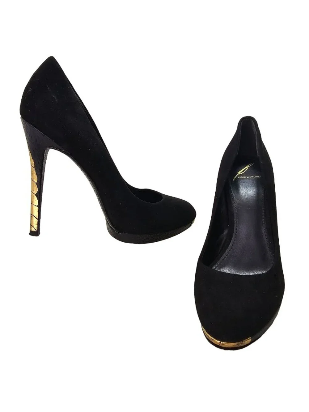 Brian Atwood Black Suede Platform Pump Shoe 38 Gold Stiletto Heel Pebble Leather